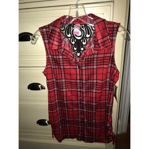 NOBO red & black knit plaid top with crochet back